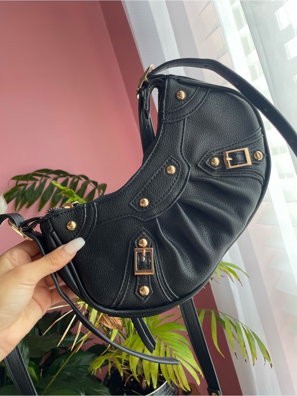 Black Crescent Shoulder Bag with Gold Hardware - Women's Fashion